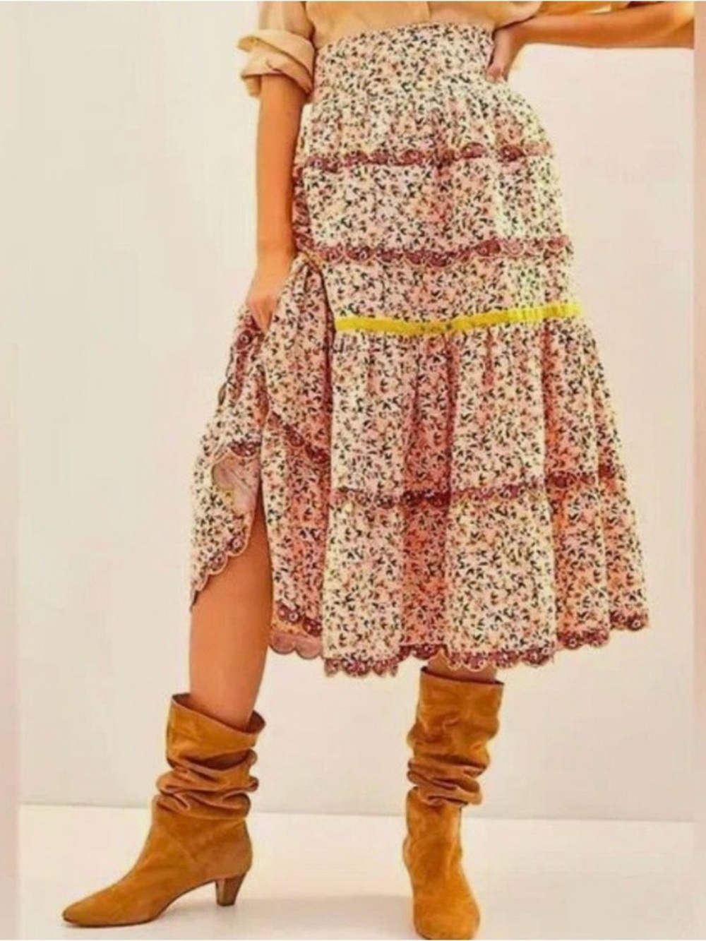CeliaB cream corduroy Floral Tiered Midi Skirt with Yellow and brown scallopTrim